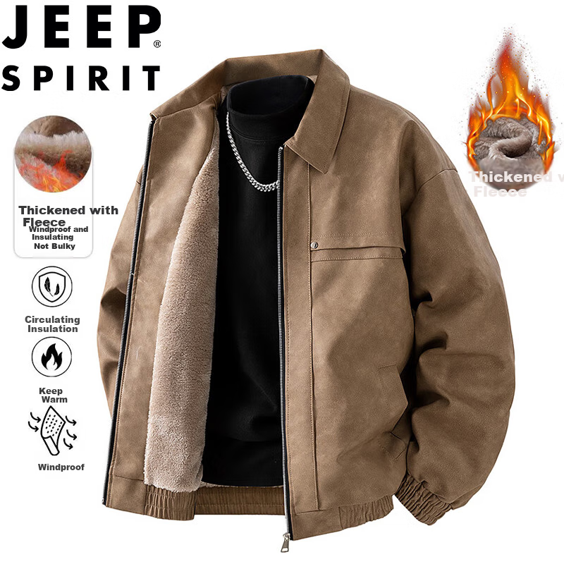 JEEP SPIRIT Jacket, Autumn And Winter New Style Men's Leather Coat, American Trendy Retro Fleece-Lined Thickened Outerwear, Brown, Size L