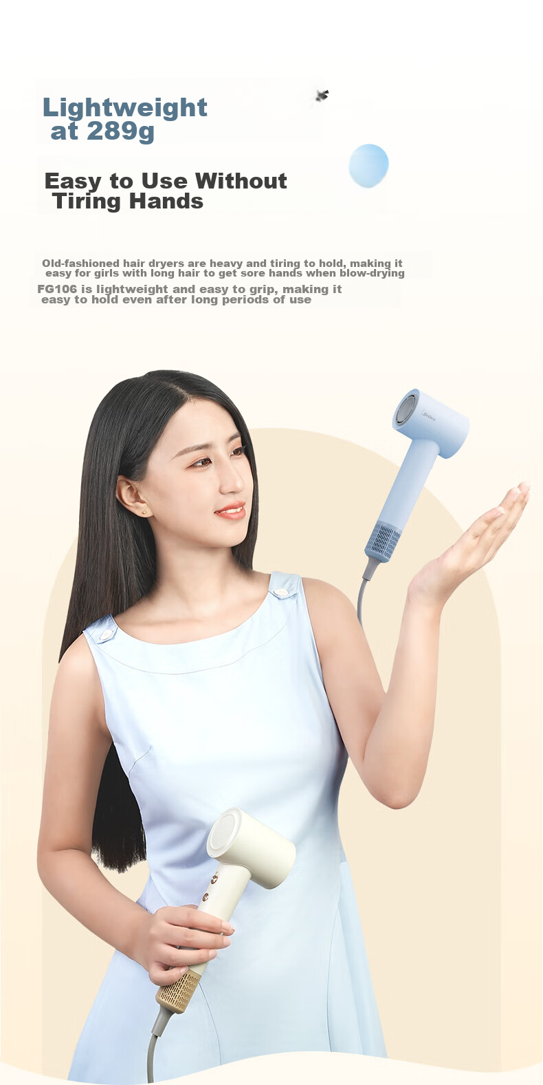 Midea High-Speed Hair Dryer, 39 Billion Plasma Hair Protection, Negative Ion Hair Care Blower, Powerful Quick-Drying Electric Hair Dryer Mini FG106 Blue, Holiday Gift 4