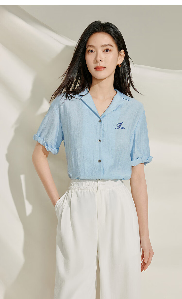 INMAN Summer 2026 Women's Blue Short Sleeve Linen Wrinkle Texture Shirt Light Blue XL 8