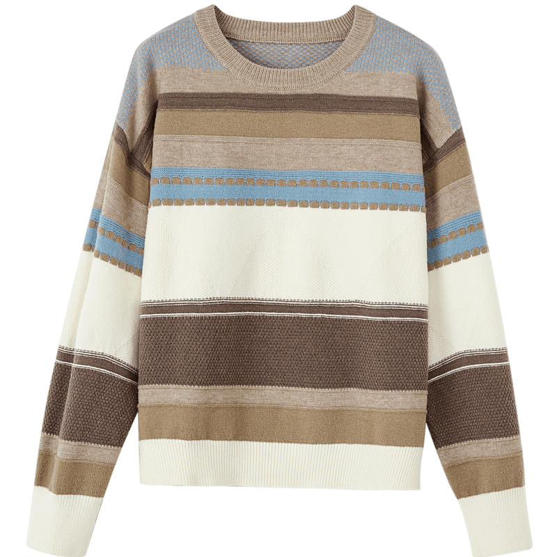 Dme [Light Mature Commuter] Autumn And Winter Round Neck Fleece Striped Contrast Color Sweater, Long Sleeve Knit Top for Wome