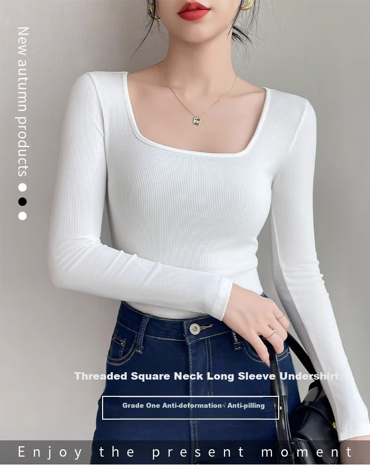 NOME Square Neck Ribbed Long Sleeve T-Shirt for Women, Autumn New Style Design Waist-Cinching Slimming Inner Layer Top, Black, M 3