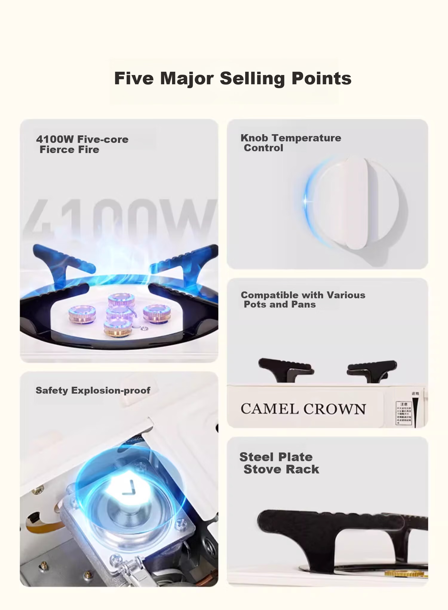 CAMELJEANS Outdoor Five-Burner Portable Stove for Picnic Camping, High-Power Barbecue Grill, Hot Pot Cooking Stove, One-Person Hot Pot Burner 3