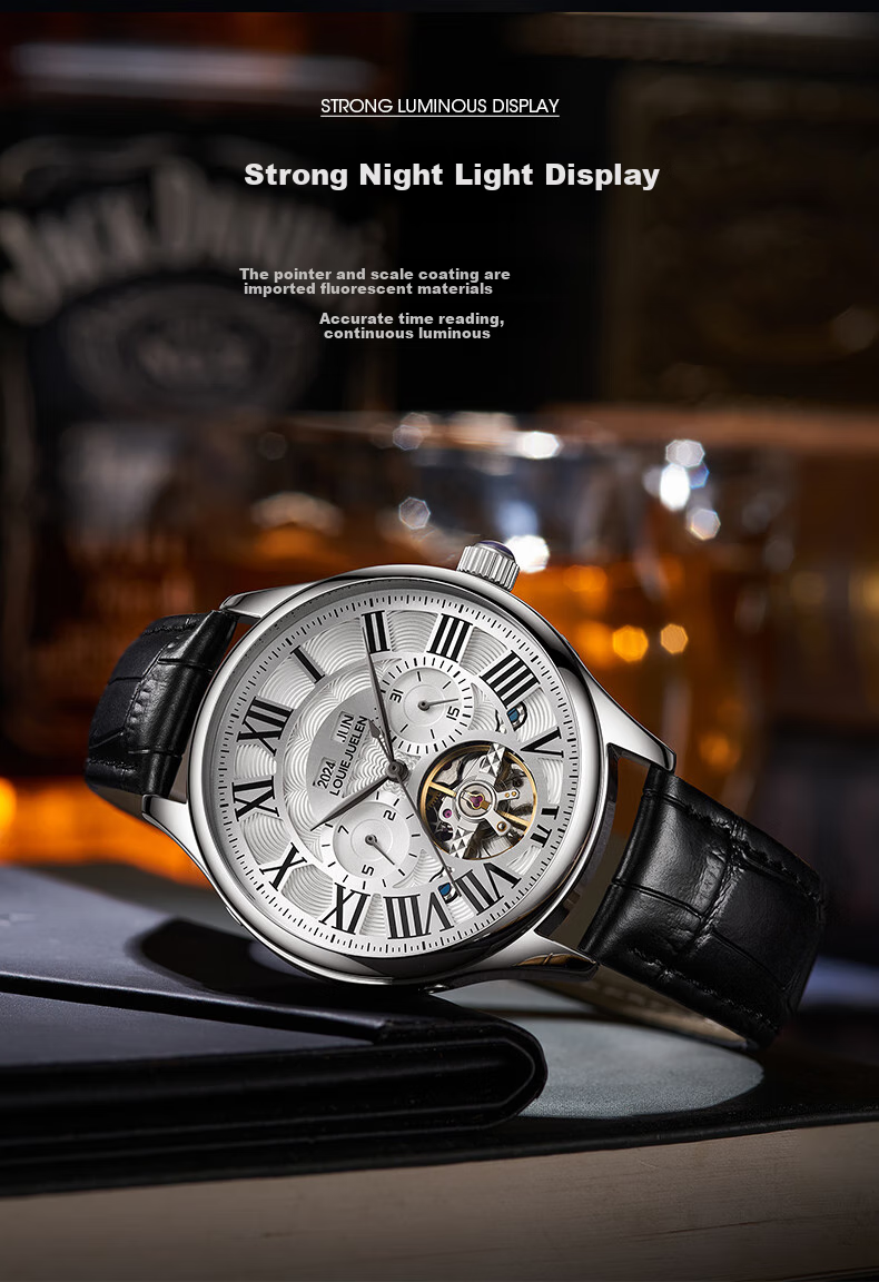 LOUIE JUELEN Men's Mechanical Watch, Student Fully Automatic Genuine Product, Skeleton Tourbillon, Business Style, Silver Case with White Dial And Steel Strap 8