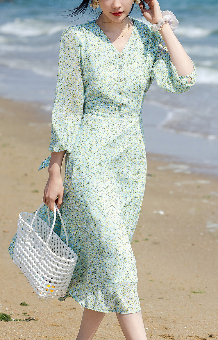 Dme [Sweet Floral Chiffon Umbrella Dress], Spring And Autumn V-Neck Waist-Cinching Long-Sleeve Dress, Mid-Length Women's Dress 12