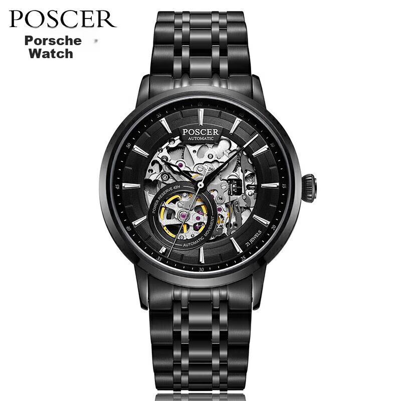 POSCER Men's Stainless Steel Hollow Mechanical Watch Top Ten Brand Men's Watch New Year Gift for Boyfriend 51020M.BBB