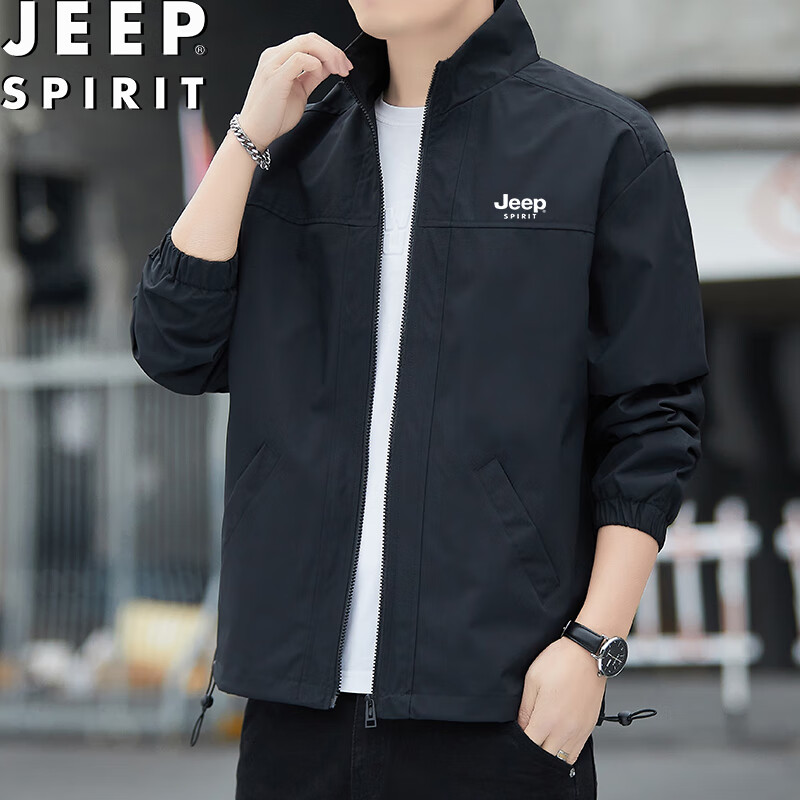 Мужская куртка JEEP SPIRIT, весенне-осенняя, повседневная, трендовая, универсальная, ветрозащитная, для активного отдыха, однотонная, с отложным воротником, черная, размер L