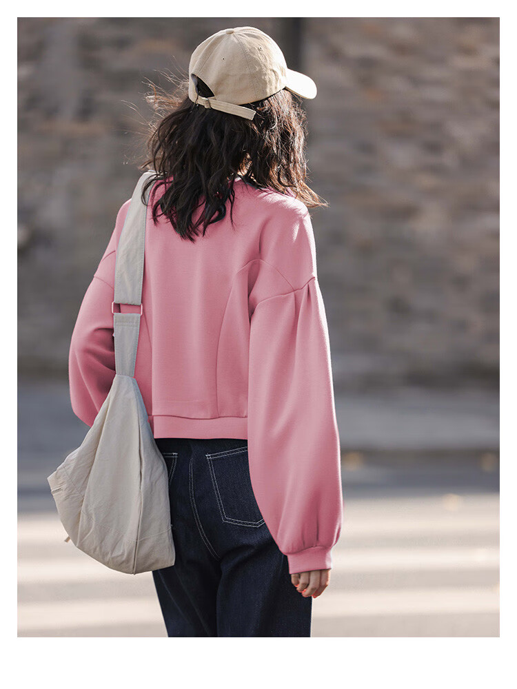 Dme [Raspberry Pink Short Puff Sleeve] Autumn Round Neck Drop Shoulder Puff Sleeve Plus Size Split Design Sweatshirt 7