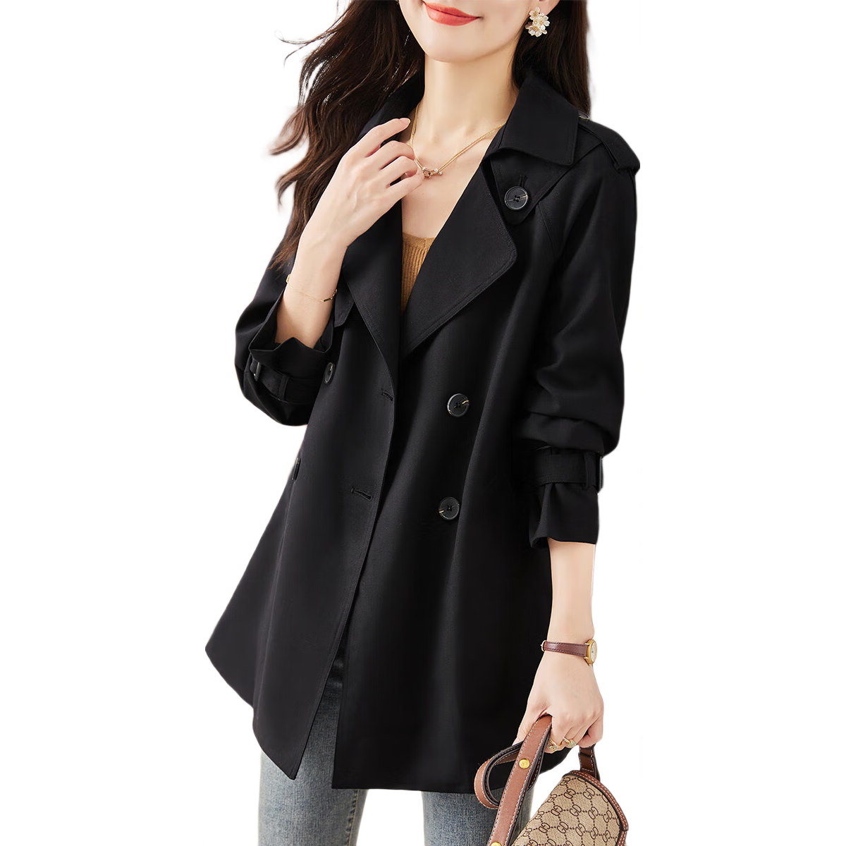 Dme [Double-Breasted Trench Coat] Spring And Autumn Suit Collar H-Type Double-Breasted Long-Sleeve Coat for Women, Mid-Length Style, Black, XL