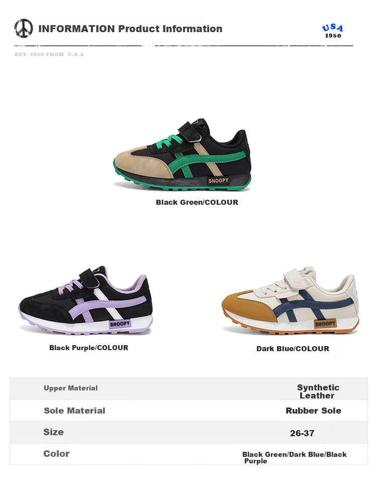 SNOOPY Children's Sports Shoes, Soft-Soled Comfortable Casual Shoes for Boys And Girls, Lightweight Running Shoes, 0367 Black Purple, Size 30 2