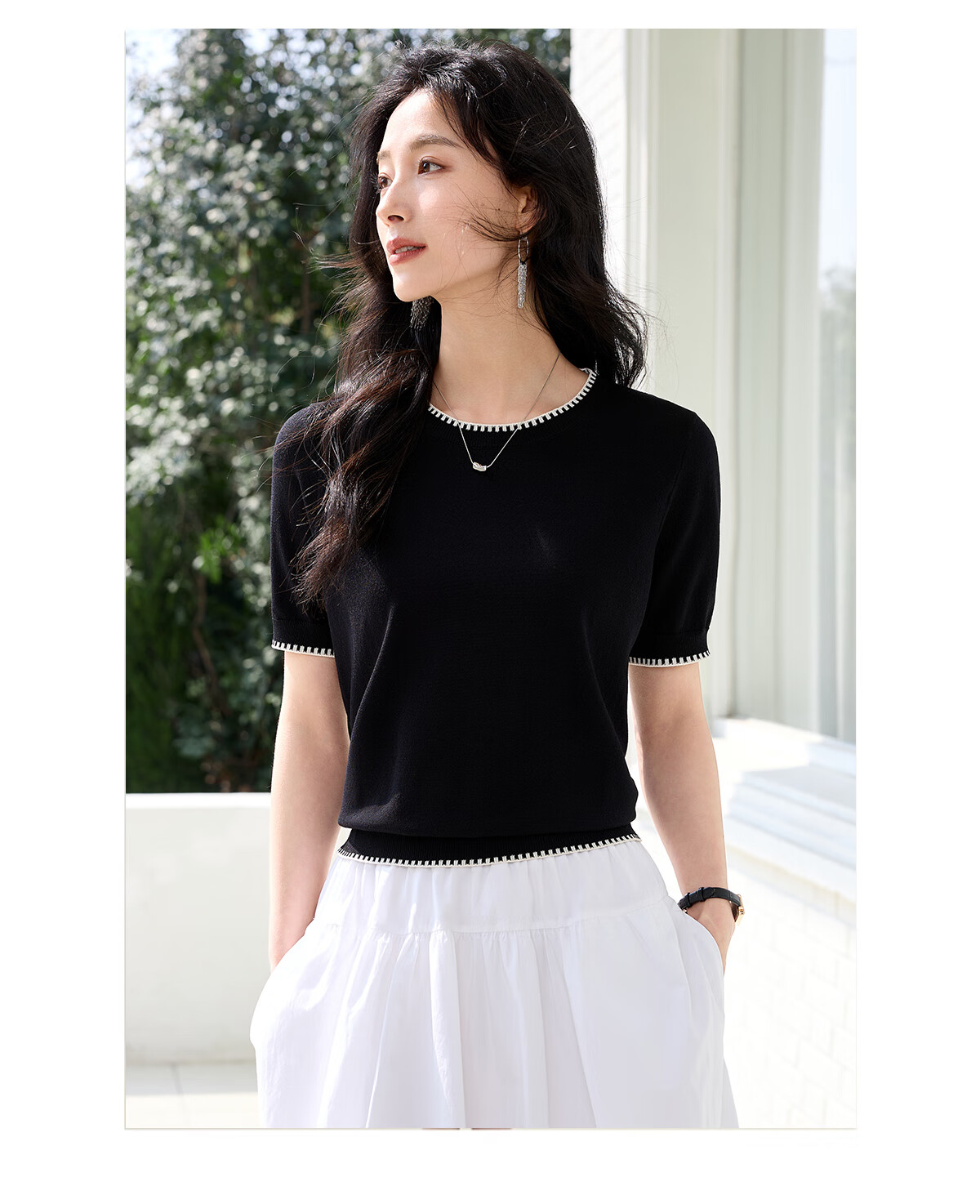 Chushen Summer Knitted Short-Sleeve T-Shirt for Women, Fashionable Round Neck Contrasting Color Design, Simple And Elegant Knitted Top Base Shirt S52T025 11