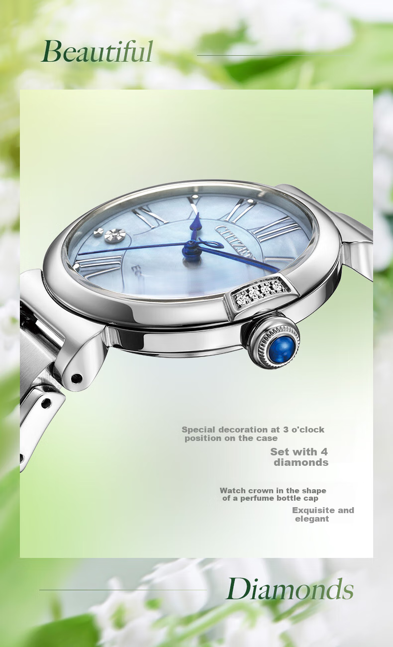 CITIZEN Watch for Women, Japanese And Korean Style, Small Bell Flower, Eco-Drive, Mother-Of Dial, Steel Band, Girlfriend Gift, EM1060-87N Gift Box Editio 12