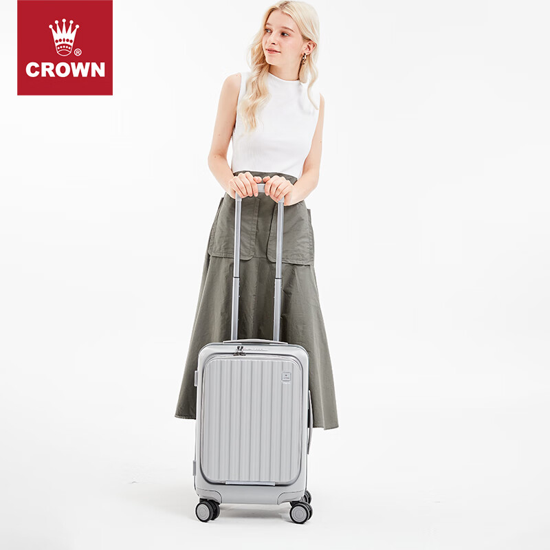 CROWN Zipper Aluminum Frame Suitcase, Carry-On Luggage, Large Capacity Front-Opening Case, Small Size 5278-20 Silver Gray