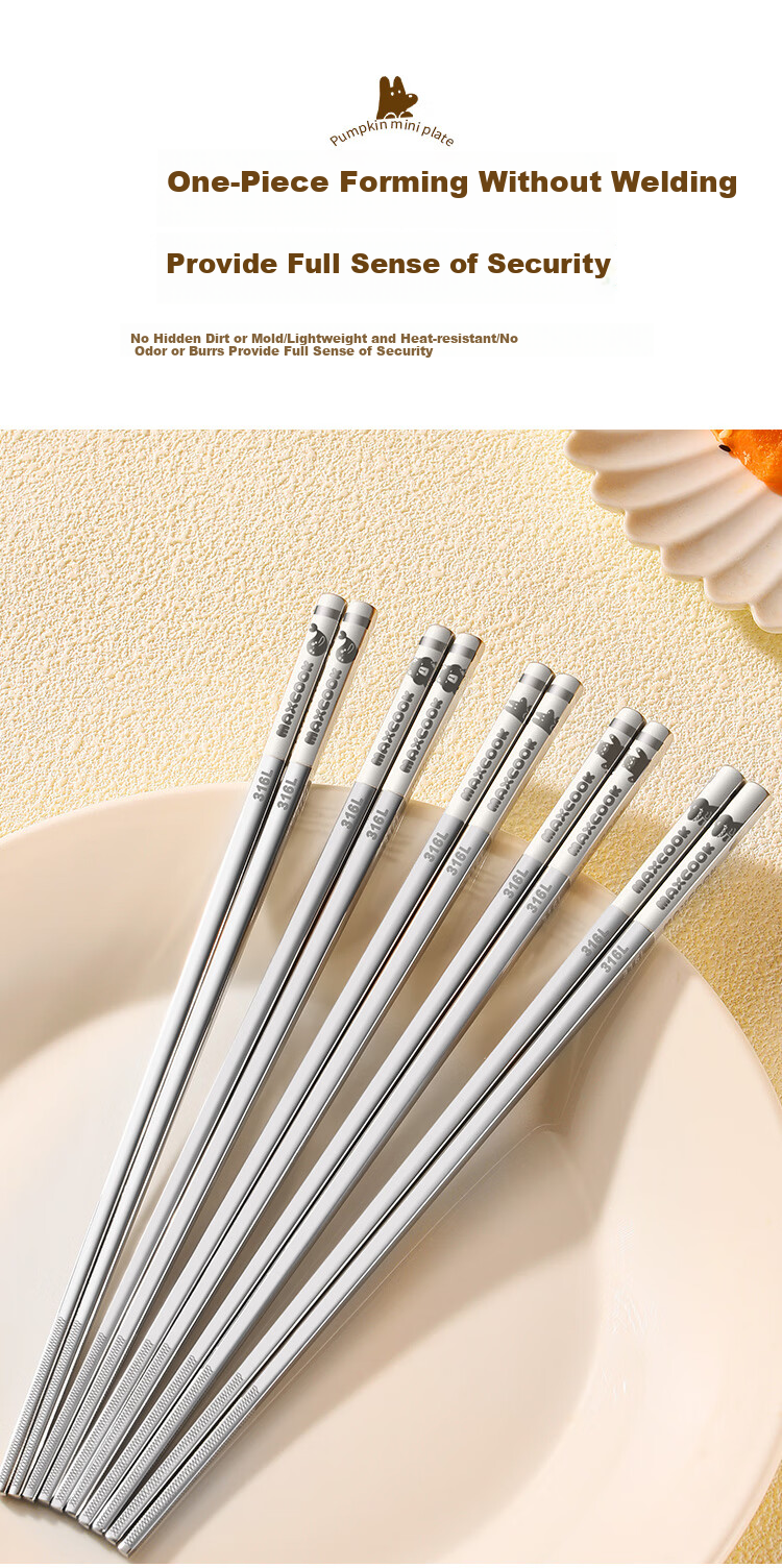 MAXCOOK 316L Stainless Steel Chopsticks, 5 Pairs Cartoon Divided Chopsticks, Color-Coded Chopsticks for Home Creative Tableware Set MCK5905 10