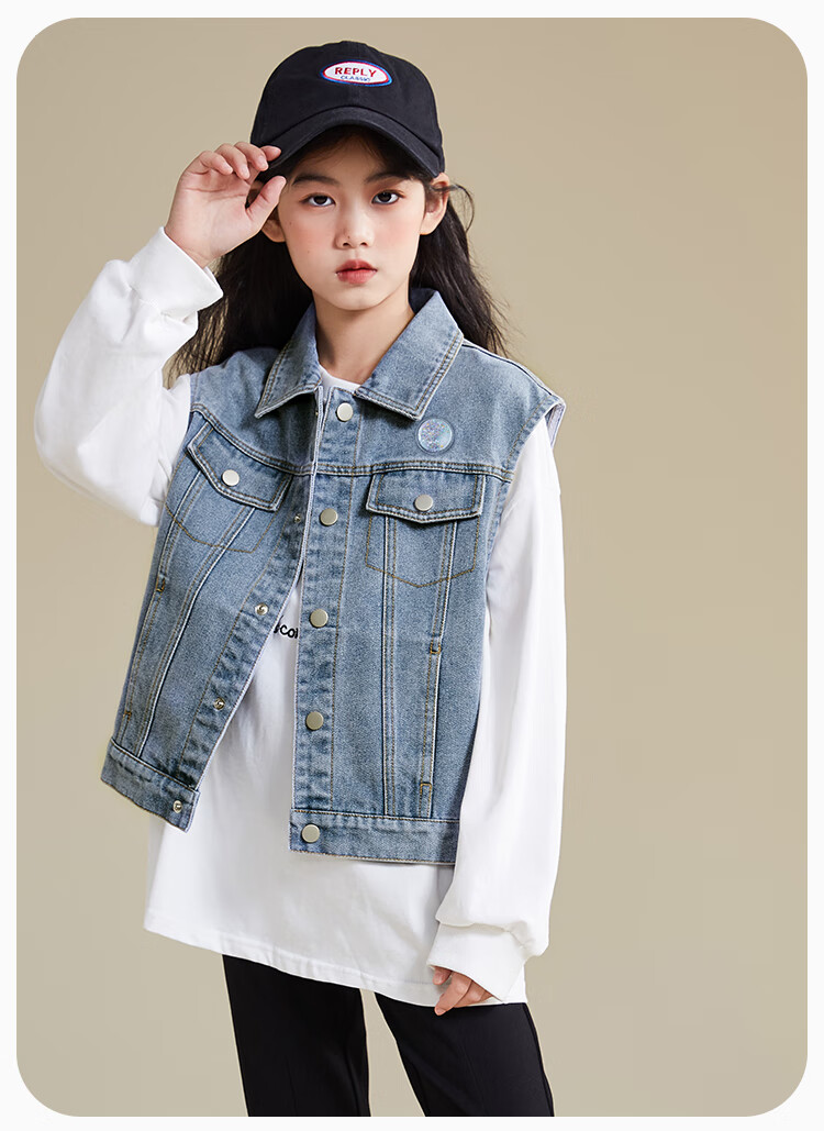 QQ DUCK Children's Denim Vest Girls' Sleeveless Jacket Youth Clothing Classic Vest Navy Blue; 165 21