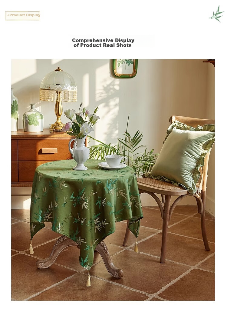 Yinshang New Chinese-Style Lace Tassel Round Tablecloth, Green Bamboo Light Luxury Table Cover, Dining Table Tea Cloth, 140*140cm 8