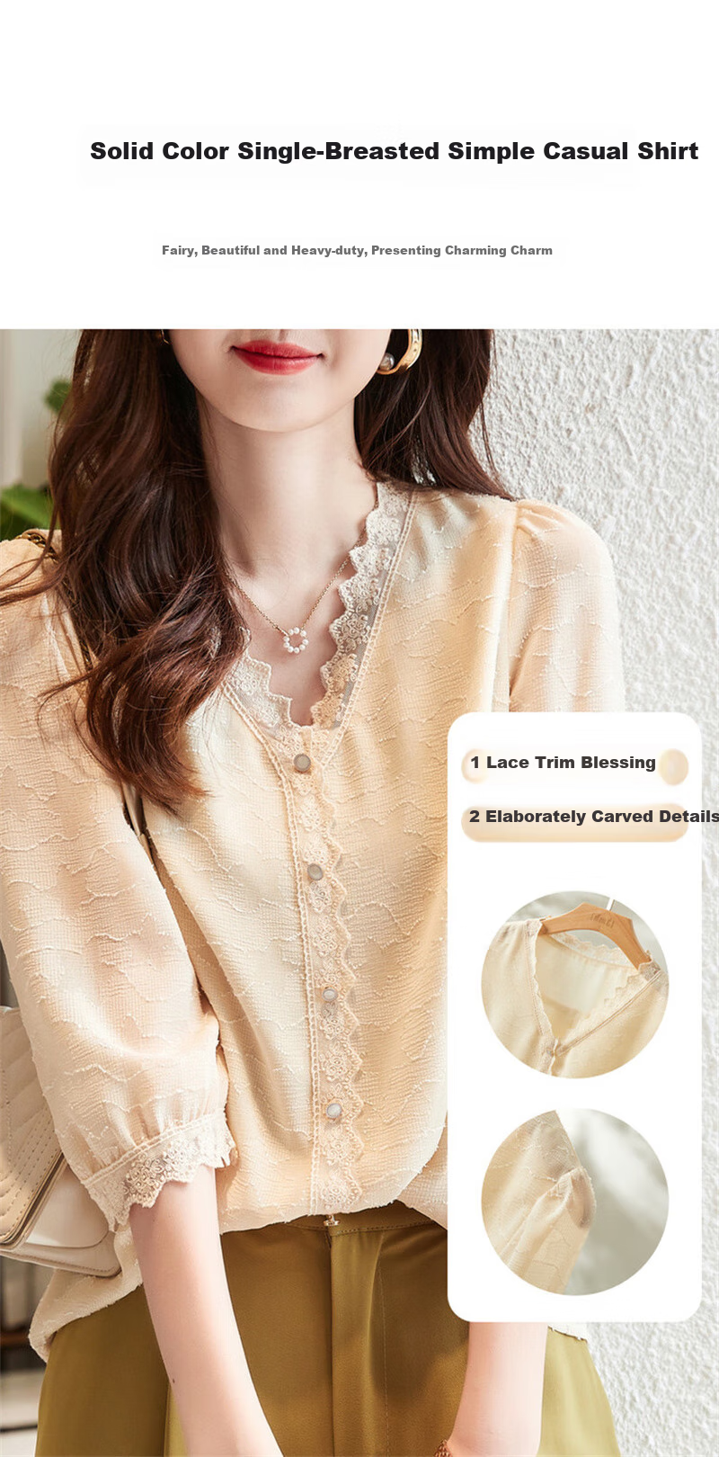 Dme [Long Time No See Series] Summer French Commuter V-Neck Jacquard Blouse, Three-Quarter Sleeve Lace Shirt, Women's Top 4