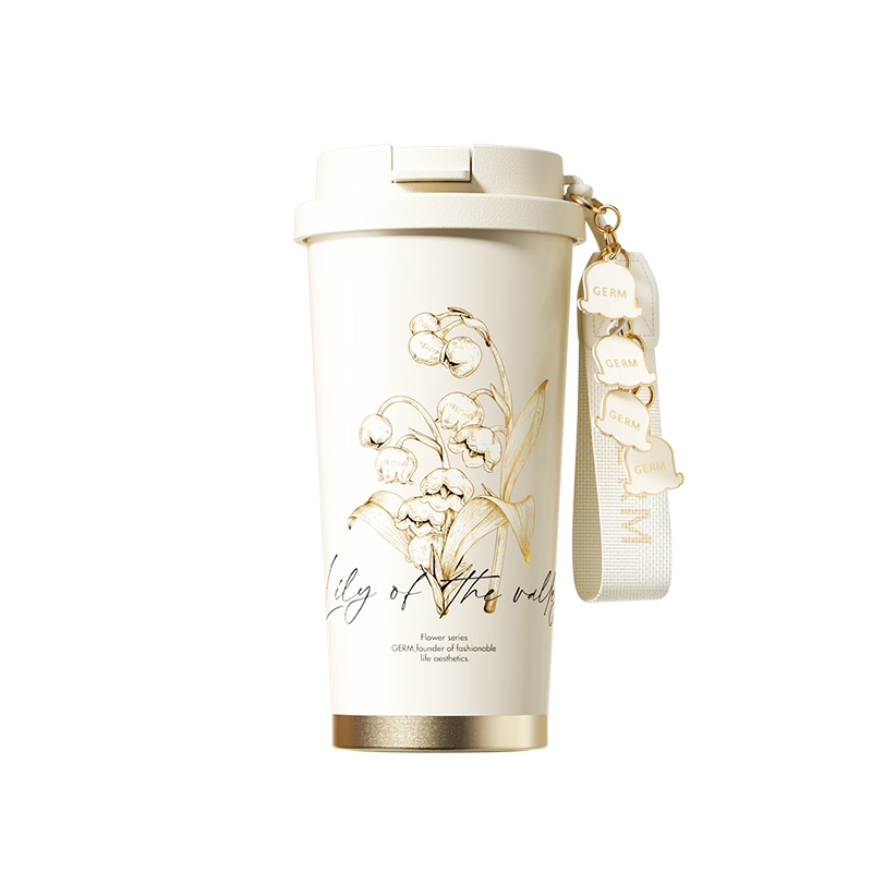 Germ Insulated Mug for Women with Ceramic Inner, Coffee Cup with Straw, Mid-Autumn Festival Gift Water Bottle, 500ML, Lily of The Valley Tea White