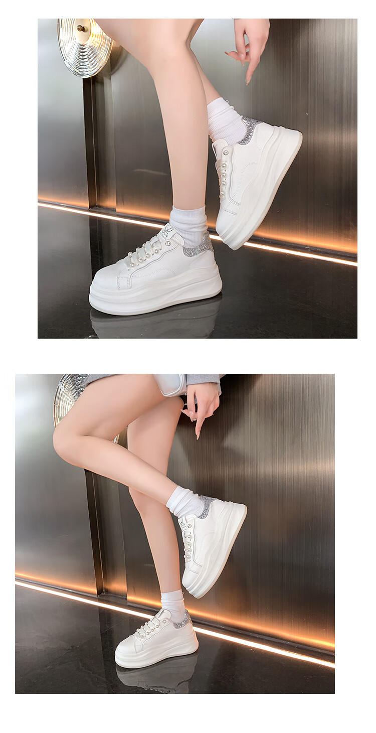 La Chapelle Women's Sneakers, Thick-Soled White Shoes, Versatile Pearl Lace-Up Sports White Shoes-JX005 Silver 39 12