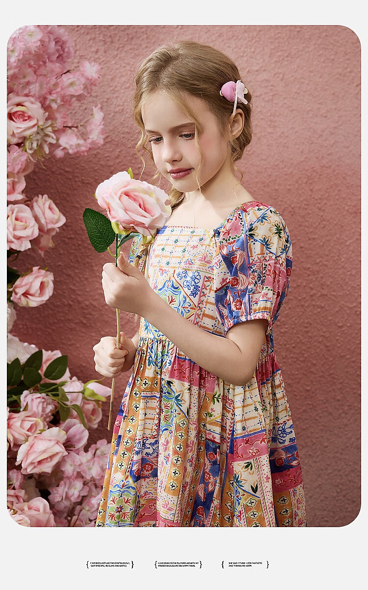 ASK JUNIOR Children's Dress, Summer Outing Breathable Girls' Contrasting Color Short-Sleeve Puff Sleeve Dress, Princess Dress 8