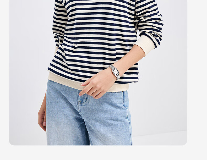 Navigare Women's All-Cotton Loose Long-Sleeve Sweatshirt, Striped Round Neck T-Shirt, 2315005501 24