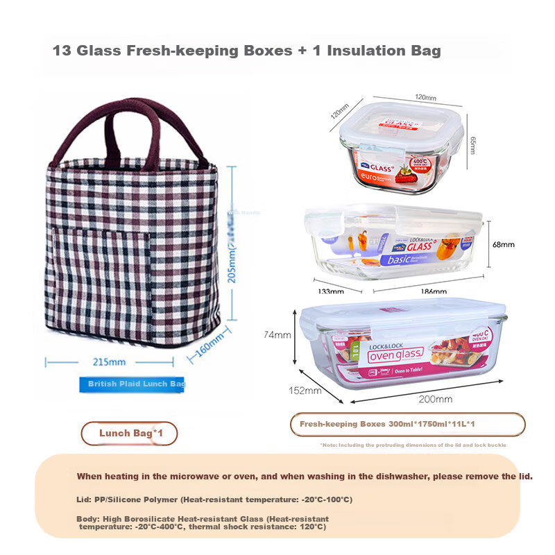 LOCK&LOCK Heat-Resistant Glass Food Storage Containers Set of Three: Sealed Lunch Boxes with Bento Box, Meal Containers And Lunch Bag 1000+750+300ML