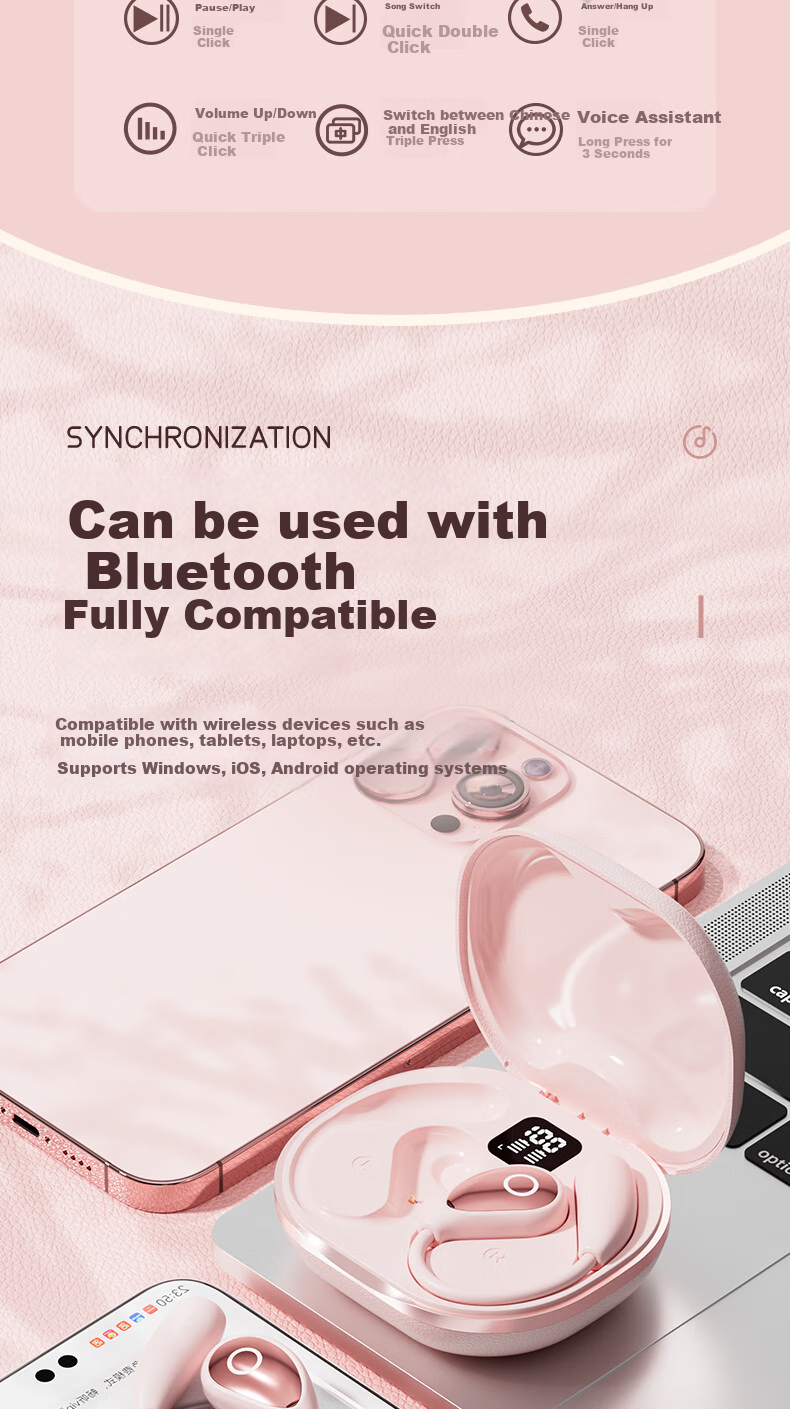 CLAISON [2025 New Model | Berlin Voice] Bluetooth Earphones, Over-Ear Bone Conduction Concept, Open Wireless Non-In Sports Running Noise-Cancelling Ear Clip Style M95-Yuan White 15