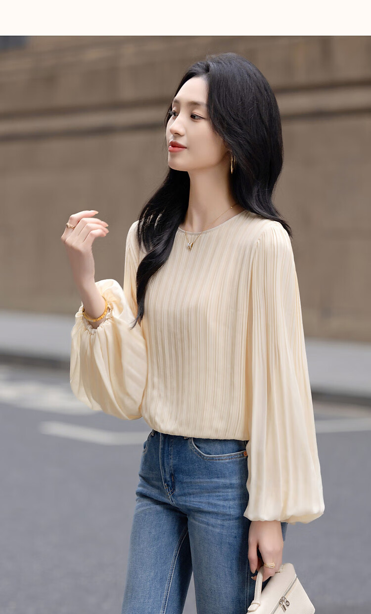 Dme [Gentle Daily] Spring Cream-Colored Textured Chiffon Blouse with Lantern Sleeves, Ladylike Shirt Women's Top 10