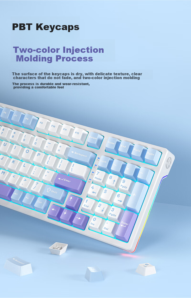 HP GK100 Wired Backlit Mechanical Keyboard 104-Key Full-Size Gaming Office Ergonomic Computer Peripheral Side-Printed White Light Blue Switch 3
