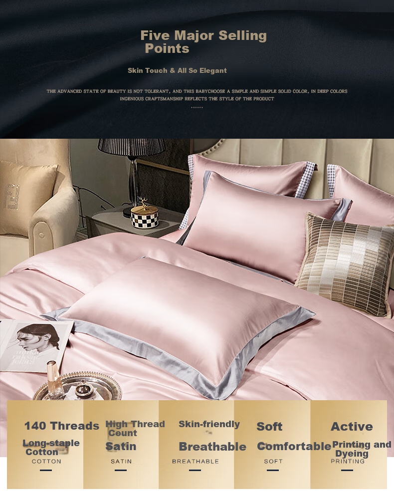 BEYOND Home Textiles, 140 Thread Count Pima Cotton Four-Piece Set, Pure Luxury Sateen Double Bedding Set, Pure Cotton Duvet Cover And Bedsheet, Gift Box Packaging, 180cm 2