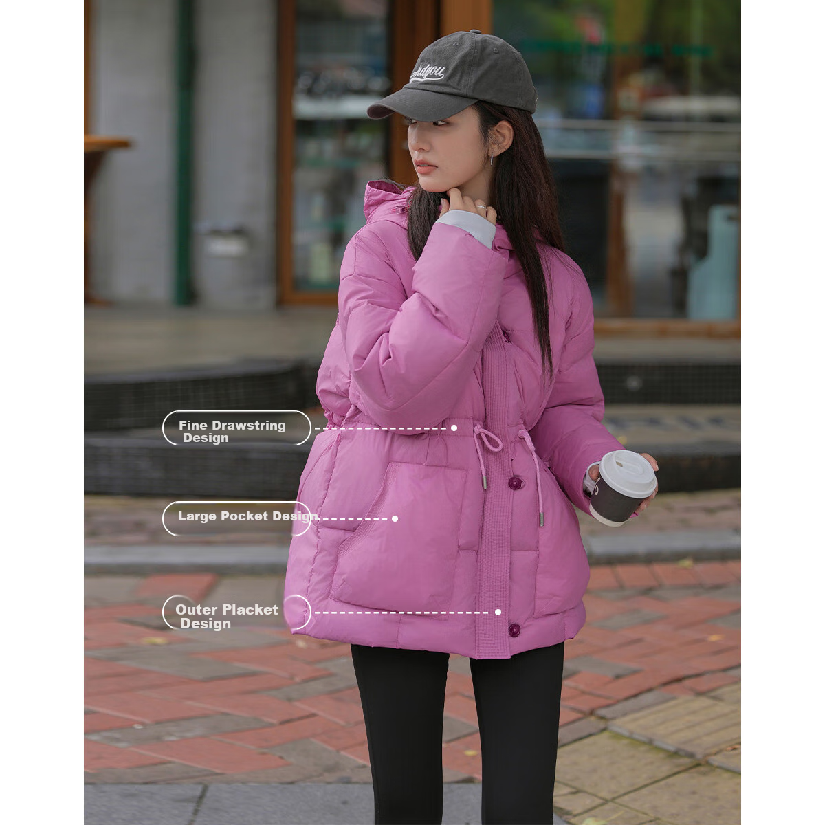 Dme [Dopamine Rose Pink] Winter Hooded Waist-Cinching Drawstring Decorated Long-Sleeve down Jacket for Wome