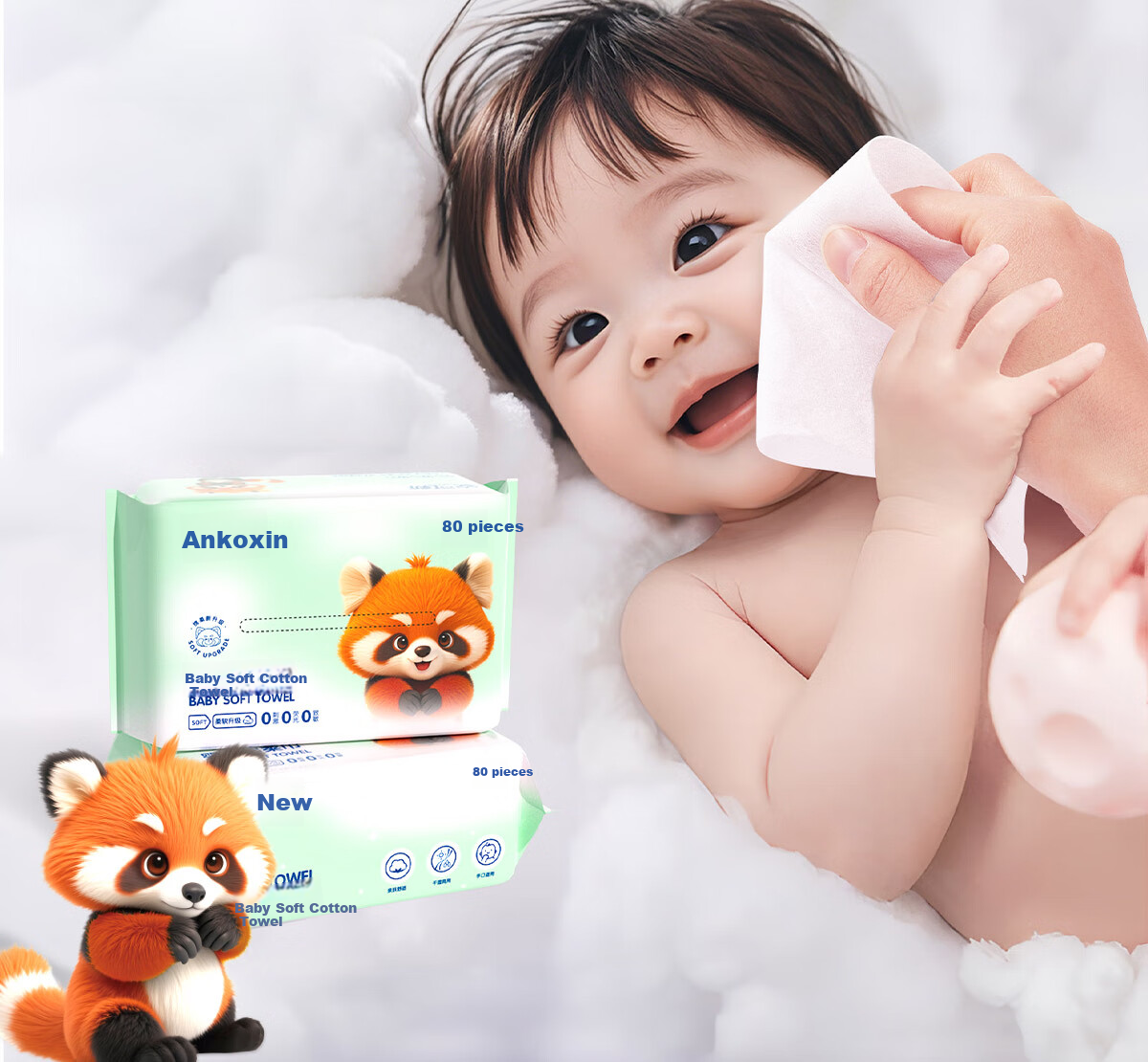Ankexin Baby Soft Cotton Wipes, 100% Cotton, Dry And Wet Use, Pure Cotton Face Wipes, Disposable Cleansing Wipes, Self-Operated, 80 Sheets * 3 Packs 2