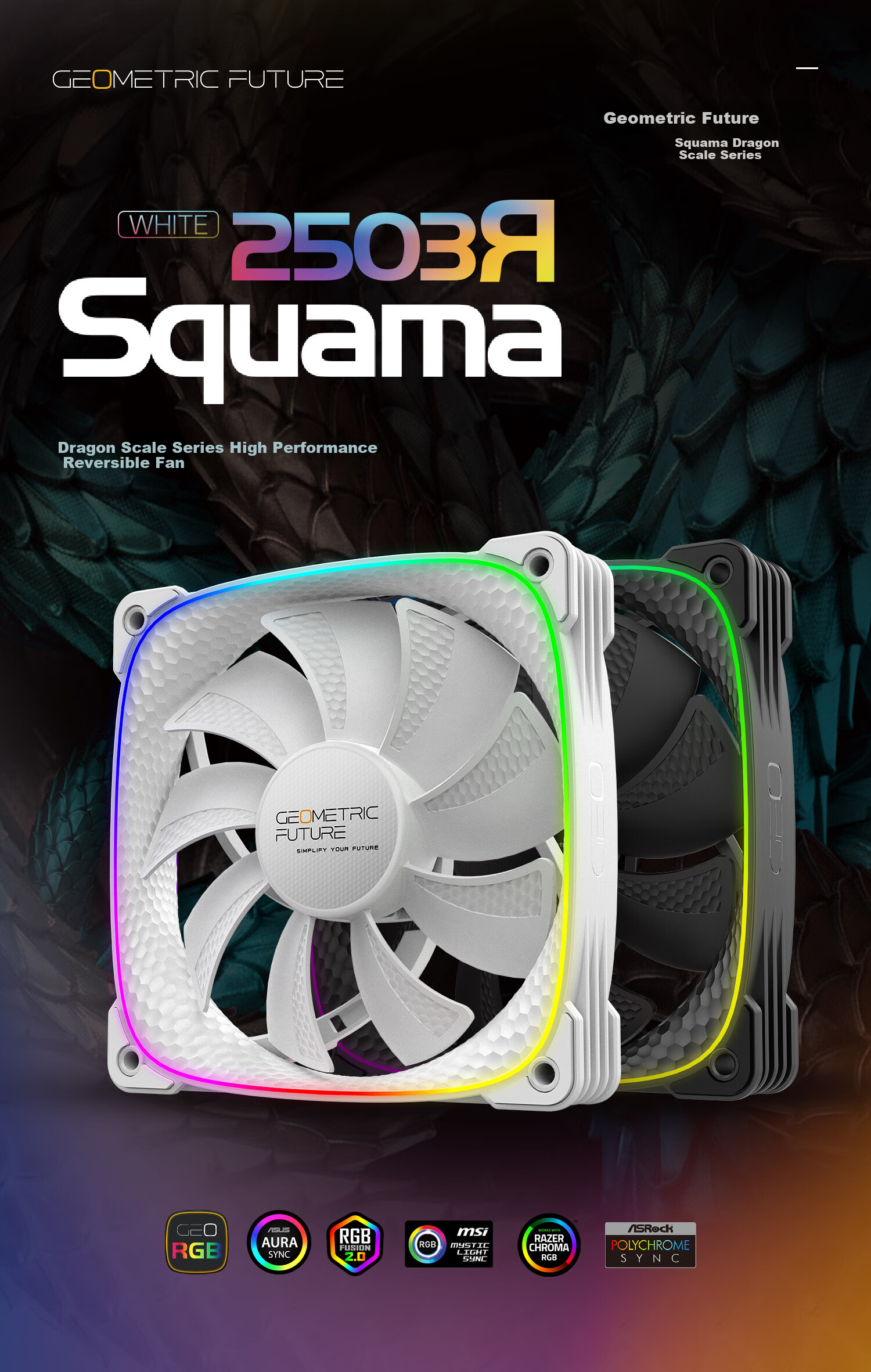 GeometricFuture Case Cooling Fan Longshen 2503R, Case Fan with Synchronized Light/PWM Speed Control, White, Reverse Fan, Single Pack 1