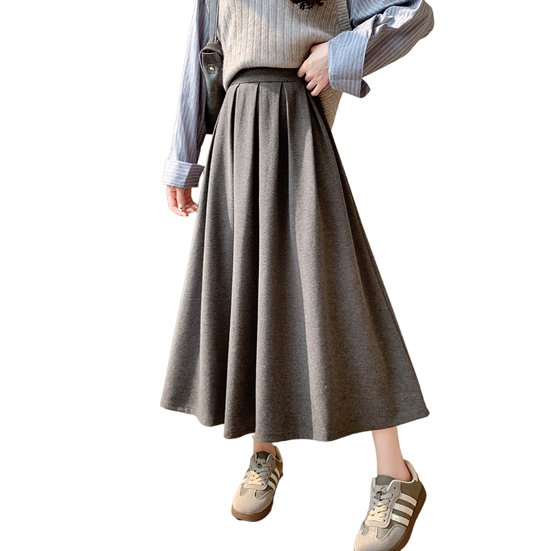 LangSha Women's Woolen Feel Skirt 2026 Spring Autumn High Waist Loose Slim A-Line Mid-Length Skirt