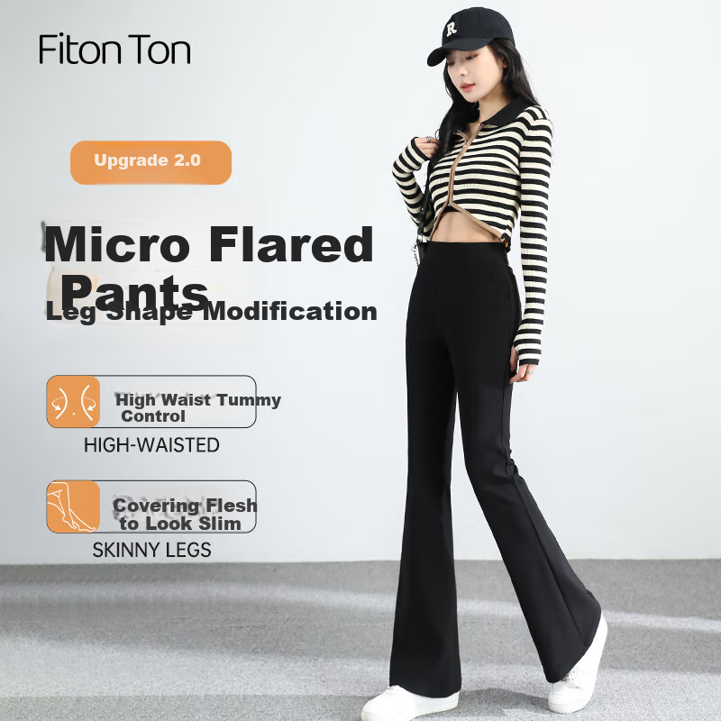 FitonTon High-Waisted Flared Pants for Women, Spring And Summer Slimming Elastic Waist Harem Pants with Draping Effect, Stretchy Casual Trousers, Black Slightly Flared Pants