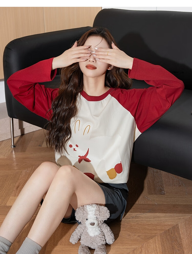 TonLion 2025 Women's Front Chest Print Raglan Long Sleeve T-Shirt, Cherry Red, Size S 8