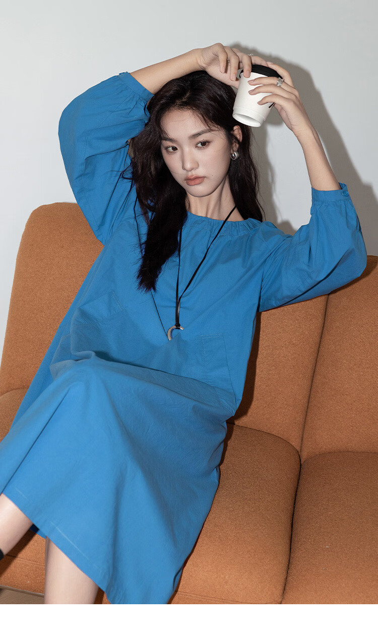 Dme Simple Healing Blue Long Dress Spring Autumn Round Neck Pullover Gathered Long Sleeve Mid-Length Dress 6