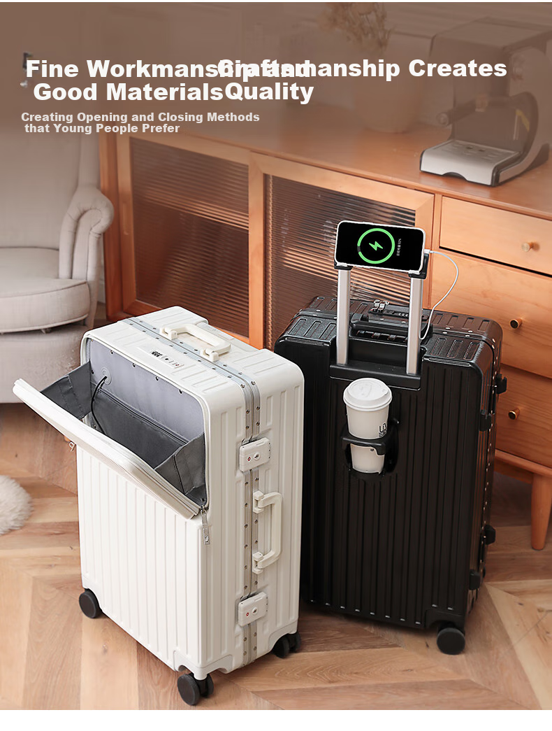 DULA Aluminum Frame Front-Opening Cup Holder Luggage Suitcase with USB Charging Port, Password Lock, Moonlight White, 24 Inches 1