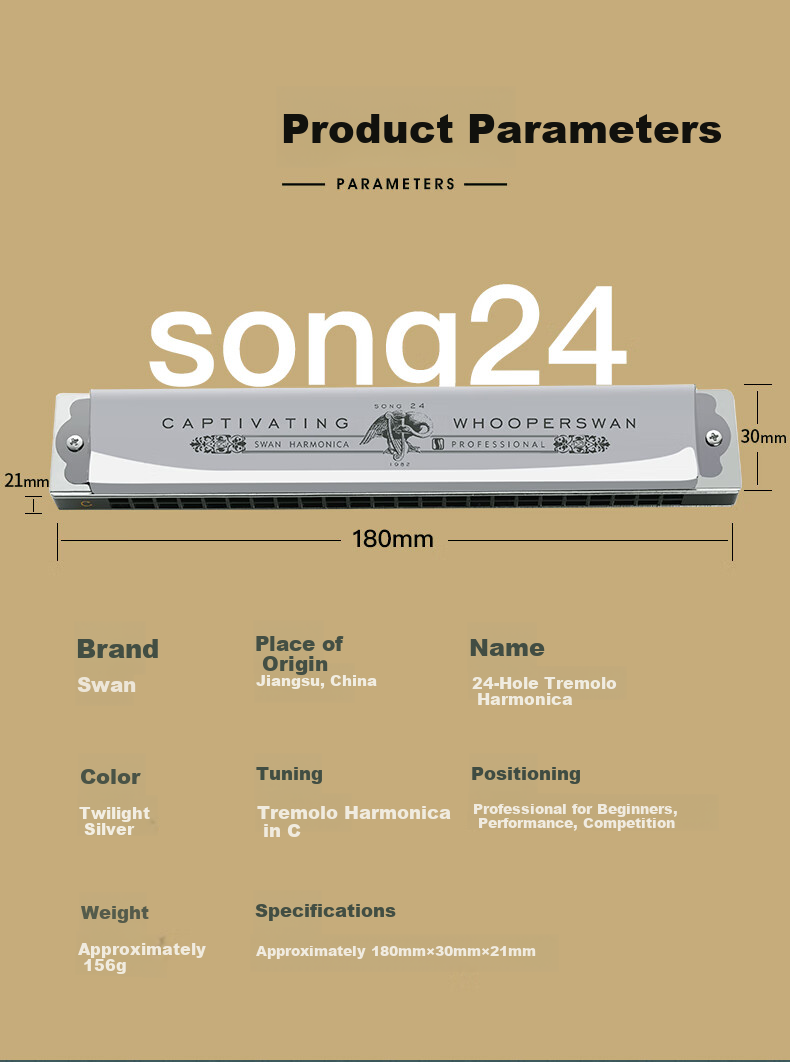 SWAN 24-Hole Polyphonic, Japanese Imported Harmonica, Advanced Adult Professional Performance Harmonica in C Key (Silver) 3