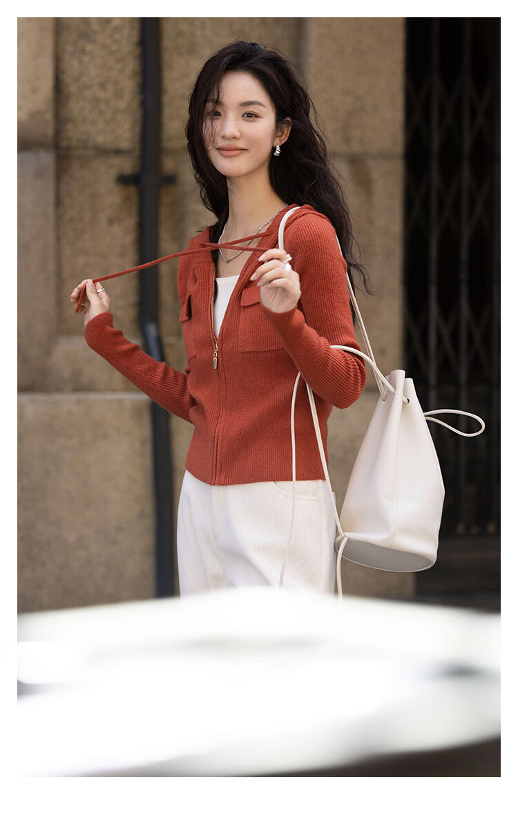 Dme [Hooded Zip-Up Knit Top], Spring And Autumn, Button-Up Collar Design, Long-Sleeve Knit Sweater for Wome 3
