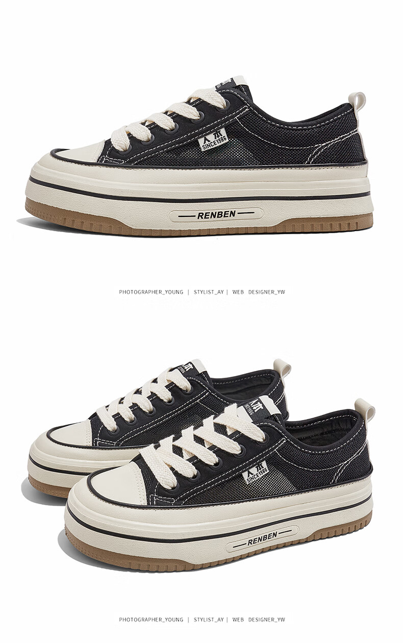 RENBEN Spring And Summer Canvas Shoes for Women, Breathable Mesh Women's Shoes, Thick-Soled Heightening Casual Shoes, Black (Canvas Style), Size 40 14