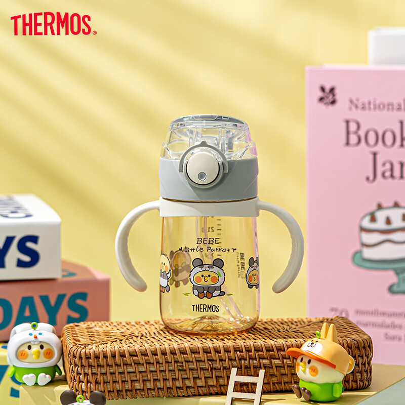 Детская поильная бутылка THERMOS BEBE, 330 мл, с PPSU ручкой, с трубочкой, серая