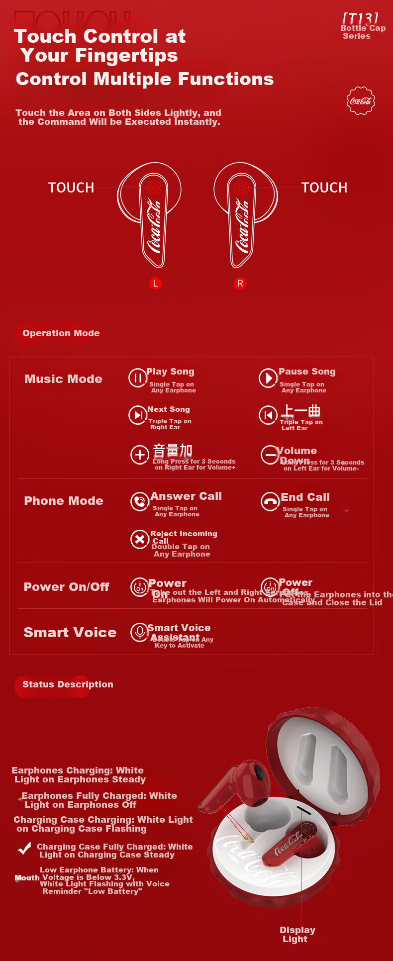 Coca-Cola T13 Bottle Cap Bluetooth Earphones, Semi-In True Wireless Headphones, Gaming E-Sports Music Sports Earphones, ENC Calling Noise Reduction Long Battery Life, 2026 New Model, Gift for Men And Women Students 9