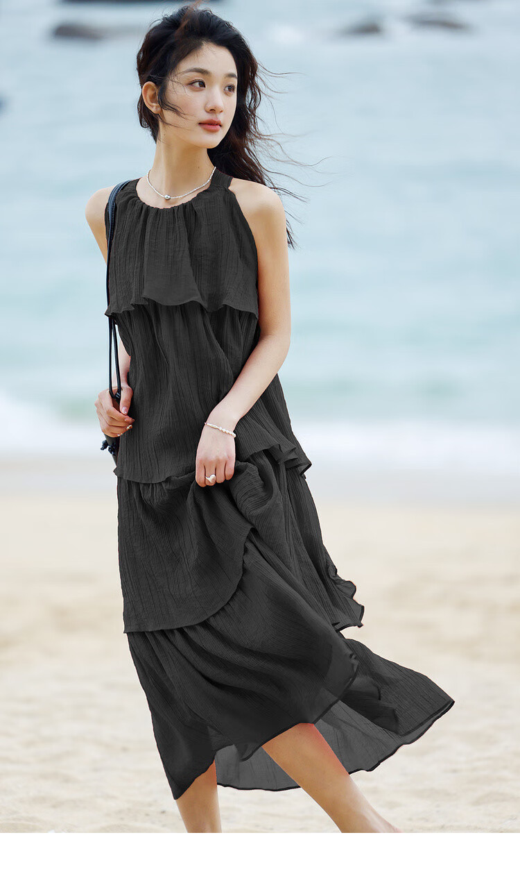 Dme [Heavy Workmanship Layered Spaghetti Strap Dress], Summer Vacation Style, Retro Brick Red, Elegant Cake Skirt 30