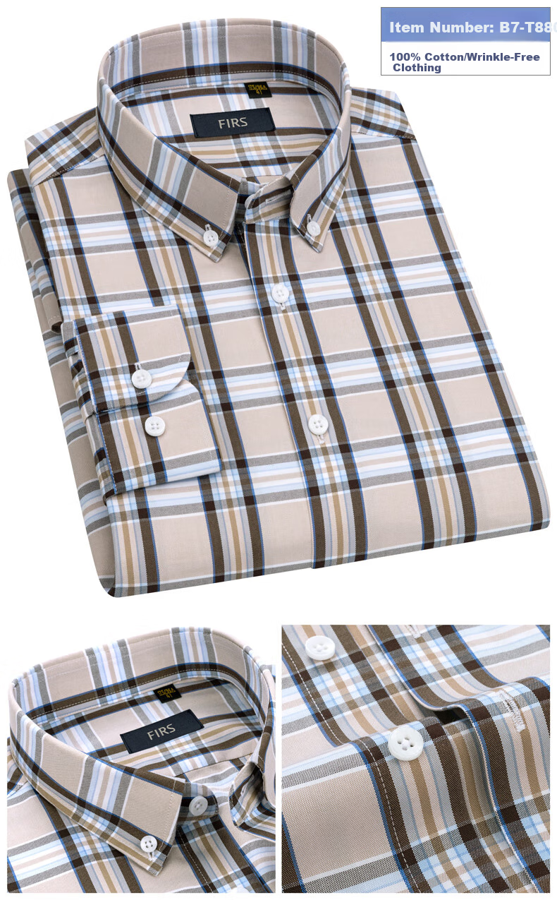 FIRS [DP Wrinkle-Free] Men's Long-Sleeve Shirt, Wrinkle-Free Business Casual Pure Cotton Shirt, A1-T882 Long-Sleeve Blue Plaid, Size 38 4