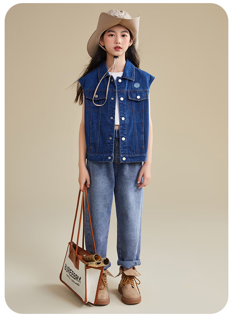 QQ DUCK Children's Denim Vest Girls' Sleeveless Jacket Youth Clothing Classic Vest Navy Blue; 165 9