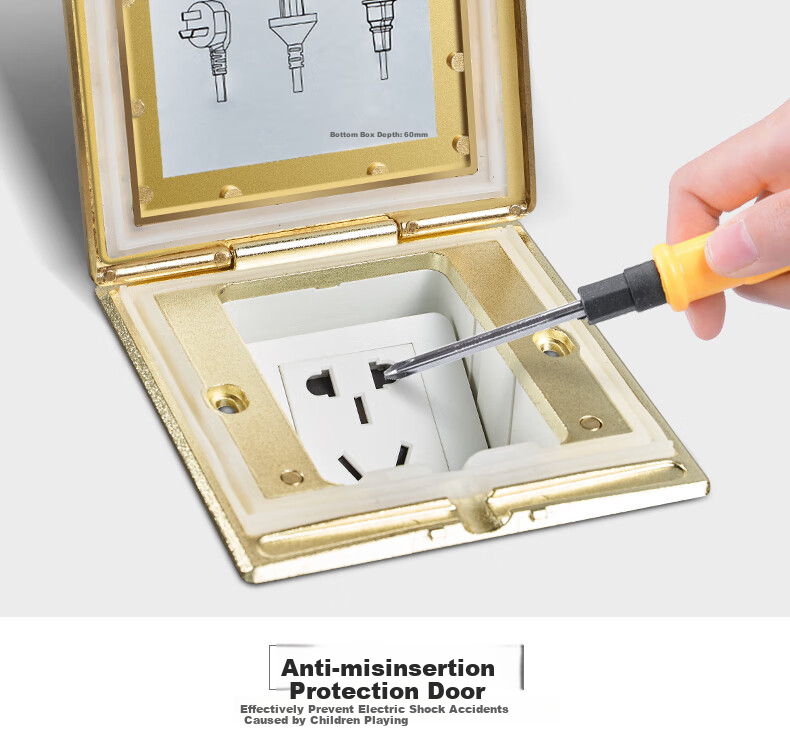 DELIXI Switch Socket, Gold Five-Hole Copper Floor Socket, Flip-Cover Waterproof Floor Socket (Including Concealed Box) 11