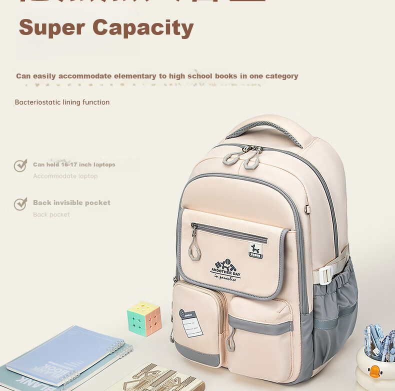 ZUONU Middle School Backpack for Girls And Boys, Lightweight Spine Protection High School Backpack with Large Capacity, Wear-Resistant And Tear-Resistant Travel Backpack Rice Dumpling Color 13