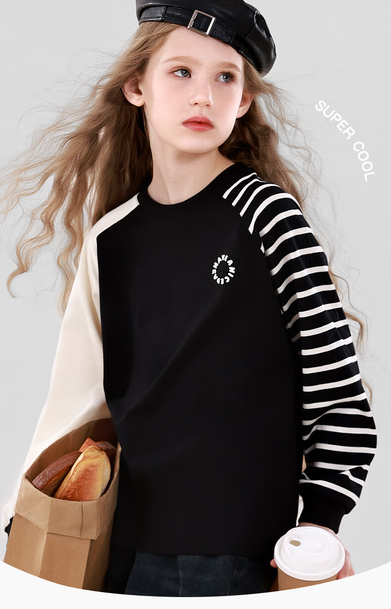 Duomiaowu Girls' Long-Sleeve T-Shirt, Spring And Autumn Top, Outdoor Children's Clothing, Stylish Base Layer for Kids, 910119 Black, Size 140 1