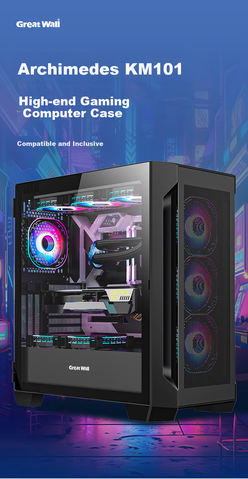Great Wall Archimedes KM101 Black Case (360mm Radiator Support/Removable Top Panel/Magnetic Flip Door/Type-C/ Cable Management Clips/0.8mm Thick Hardware/5090) 2