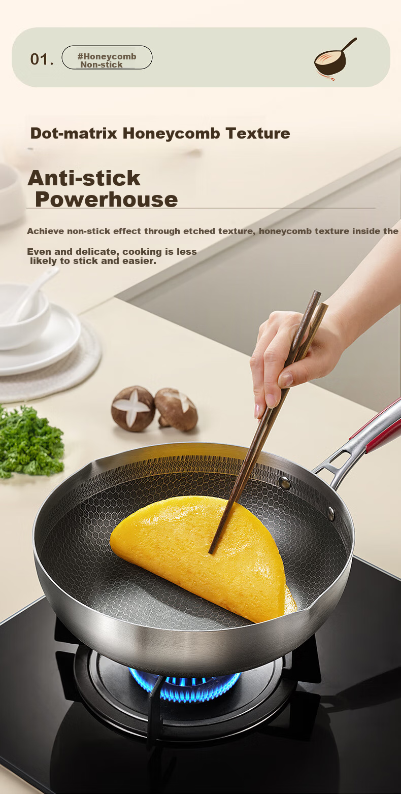 KBH Fifth Generation Wok, 316L Stainless Steel, Elegant Pan, Double-Sided Honeycomb Flat Bottom Frying And Stir-Frying Pan, Non-Stick Pan, Low Smoke 3